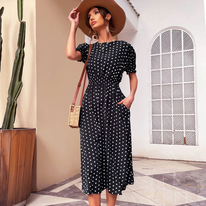 PEOPLETERRITORY New summer new 2025 popular medium and long dresses retro short-sleeved polka dot dresses cross-border pocket skirts