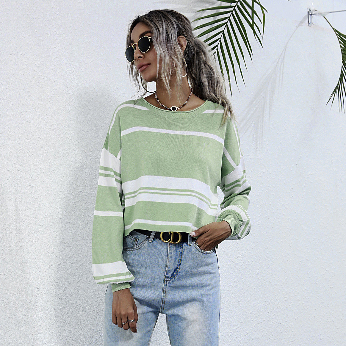 PEOPLETERRITORY popular Spring and Autumn New Women's Striped Knitted Sweater Bottom Pullover  Hot Trade Crew Neck Japanese Short Top