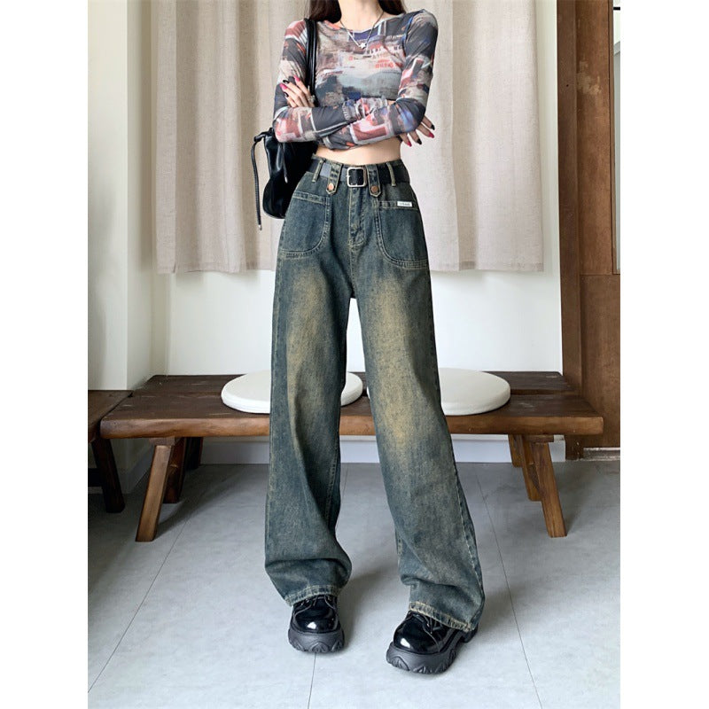 Territory frat boy outfits Autumn New plus Size High Waist Straight Slimming Versatile Draping Fashion Narrow Denim Wide Leg Pants