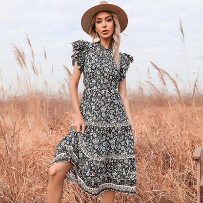 PEOPLETERRITORY 2023 cross-border ethnic style floral dress summer  new v-neck horn sleeve 2025 dress