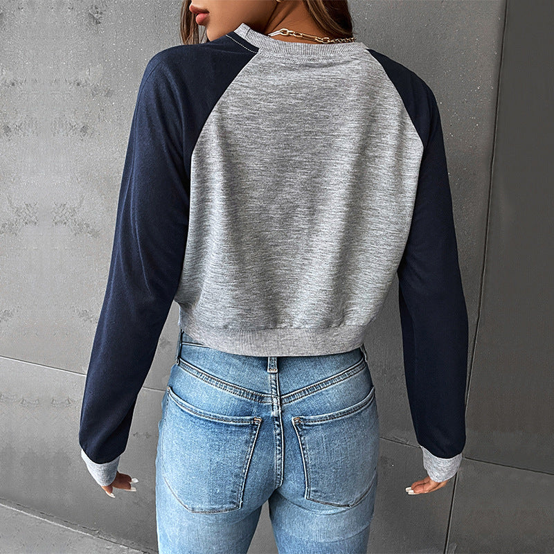 PEOPLETERRITORY New new spring and autumn college style shoulder sleeves BM 2025 2025 trade color matching short women's round neck pullover sweater