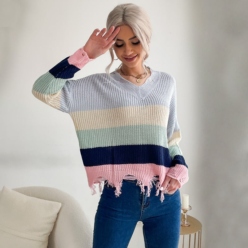 PEOPLETERRITORY New women's clothing popular spring and autumn new product long-sleeved contrasting striped v-neck knitted ripped sweater women