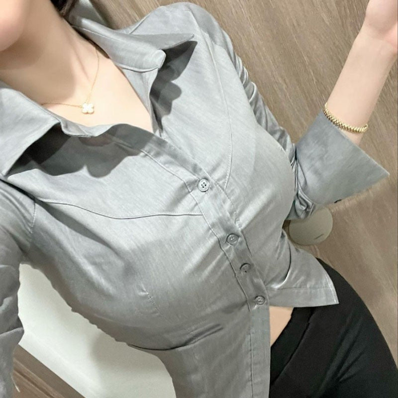 Territory buisnesscore outfit women Elegant Gray Shirt Women's Button Cardigan Regular Slim Slimming Casual Top Spring and Autumn New