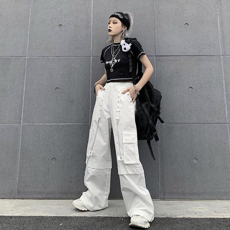 Territory concert outfit Women's Wide-Leg Pants Korean-Style Ins Retro White Pants Overalls High Waist Loose Straight Pants for Students Fashionable Mopping Pants