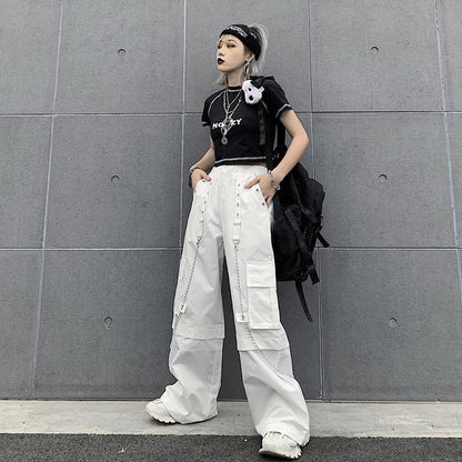 Territory concert outfit Women's Wide-Leg Pants Korean-Style Ins Retro White Pants Overalls High Waist Loose Straight Pants for Students Fashionable Mopping Pants