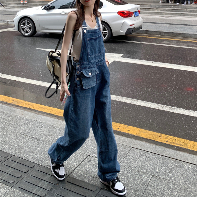 Territory 90s streetwear American Retro Suspender Jeans Women's Spring New Loose Slimming Straight Age-Reducing Wide Leg Ins Trousers