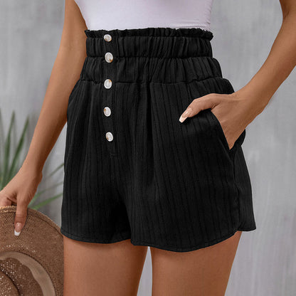 PEOPLETERRITORY 2025 women's clothing casual versatile pocket shorts high waist button shorts summer elastic waist short pants