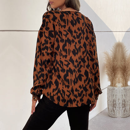 PEOPLETERRITORY Cross-border  popular Spring and Autumn New Hot Trade 2025 Commuter Top Long Sleeve Leopard Print Design Shirt Women