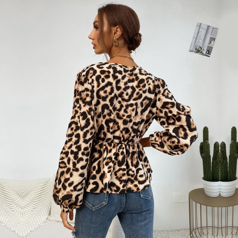 PEOPLETERRITORY New spring and summer new 2025 women's clothing hollow long-sleeved leopard print v-neck waist pullover long-sleeved shirt