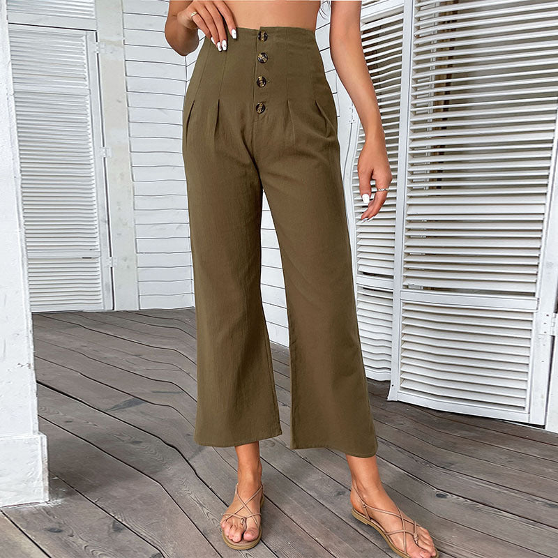 PEOPLETERRITORY New Cross-border New popular Summer 2025 Nine-point Pants High Waist Cotton and Linen Slim-fit Micro Flared Pants Women