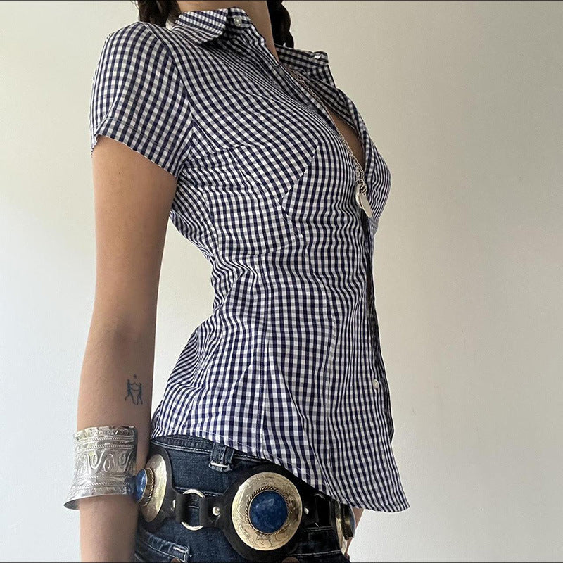 Territory 90s fashion Retro Casual Style Blue Plaid Short-Sleeved Shirt Women's Polo Collar Tight Waist Tight Single-Breasted Top