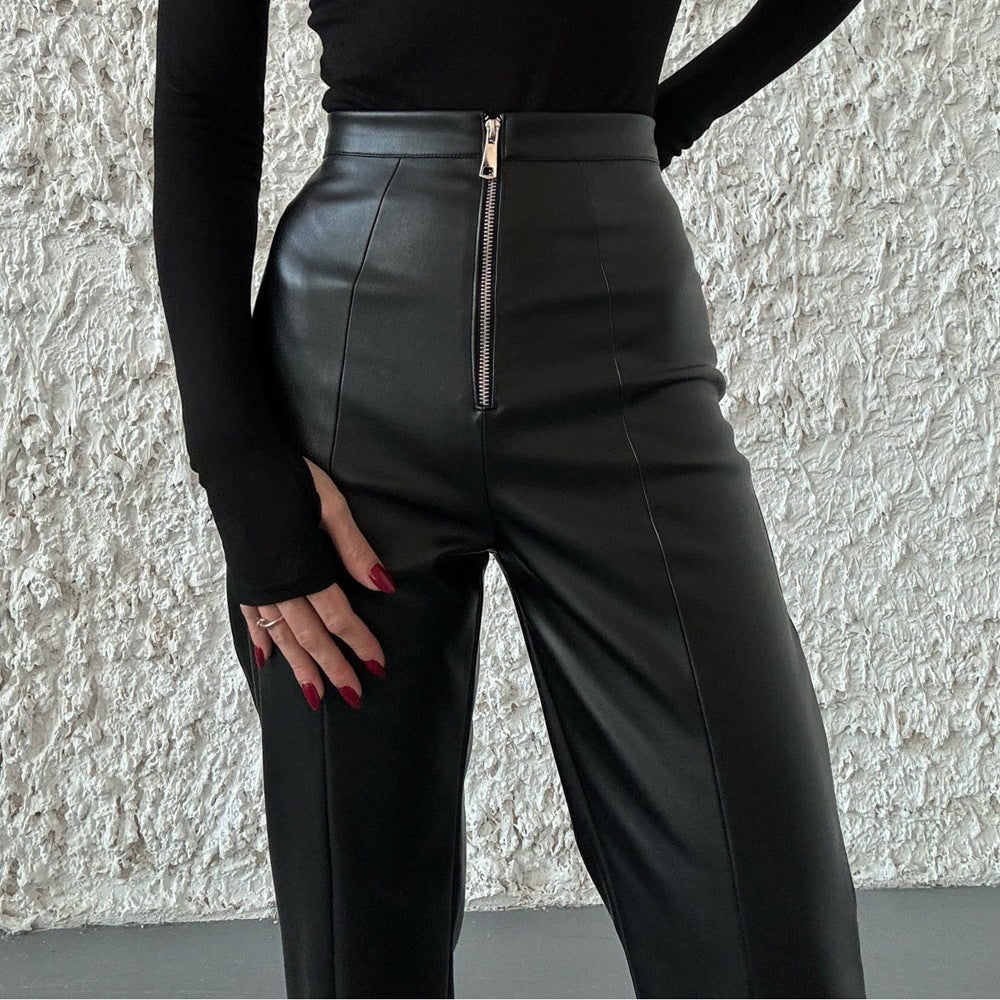 PEOPLETERRITORY 2025 leather casual pants, autumn and winter high-waisted and thin casual straight-leg pants PU wide-leg leather pants solid color split ends