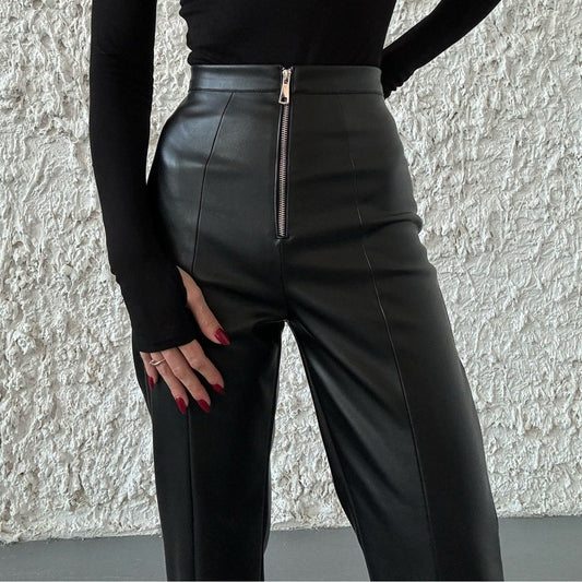 PEOPLETERRITORY 2025 leather casual pants, autumn and winter high-waisted and thin casual straight-leg pants PU wide-leg leather pants solid color split ends