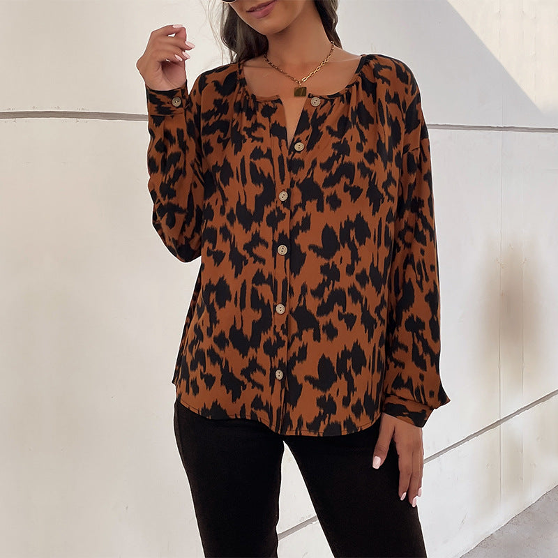 PEOPLETERRITORY Cross-border  popular Spring and Autumn New Hot Trade 2025 Commuter Top Long Sleeve Leopard Print Design Shirt Women