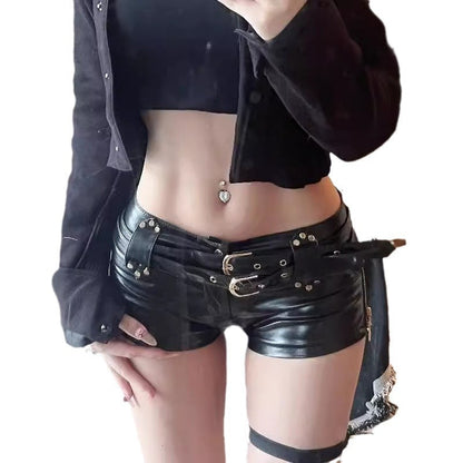 Territory frat outfits Women's Retro Nightclub Sexy Low Waist Hip PU Leather Motorcycle Belt Super Shorts