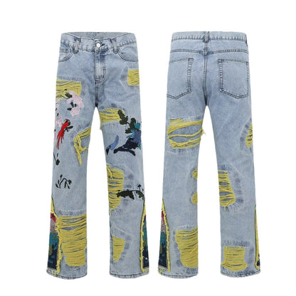 Territory drip outfit men High Street American Contrast Color Patch Bird Plum Embroidery Worn Niche Jeans Men's and Women's Same Loose Trousers