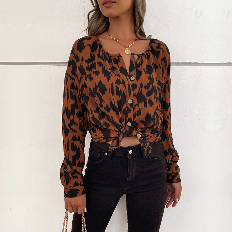 PEOPLETERRITORY Cross-border  popular Spring and Autumn New Hot Trade 2025 Commuter Top Long Sleeve Leopard Print Design Shirt Women