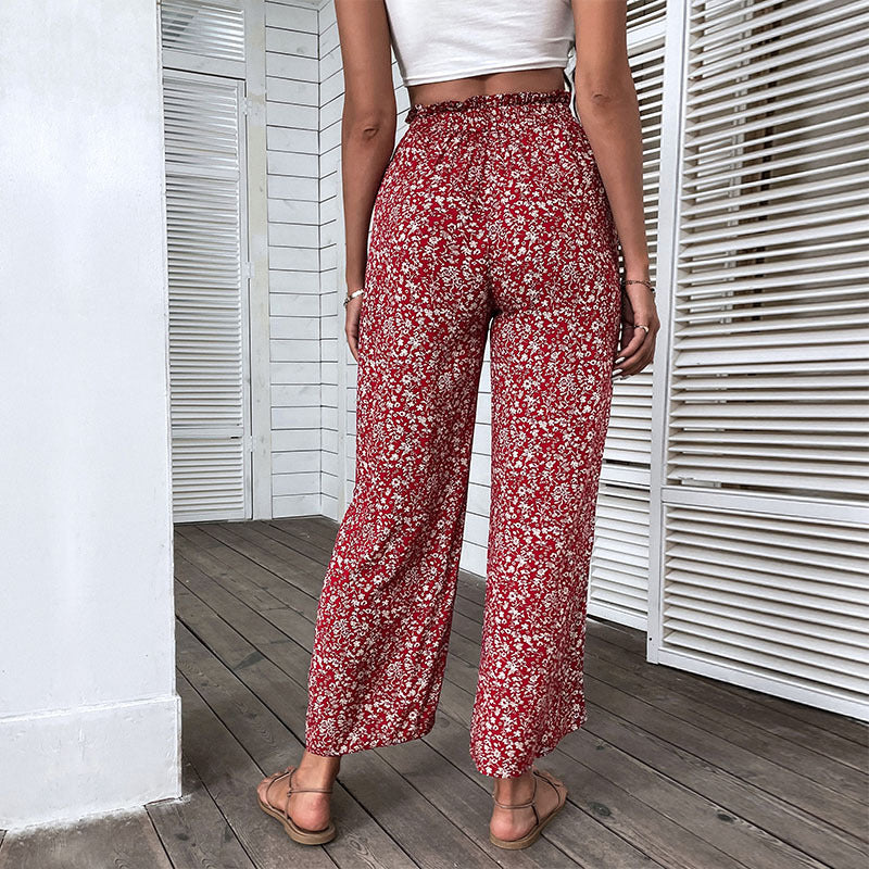 PEOPLETERRITORY new product popular 2025 women's clothing printed pants human cotton high waist nine-point split wide-leg pants