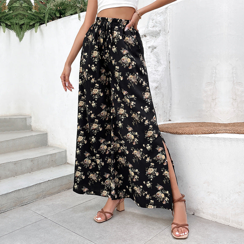 PEOPLETERRITORY Popular trade split-ended long pants popular summer new 2025 New women's pants horn-printed wide-leg pants