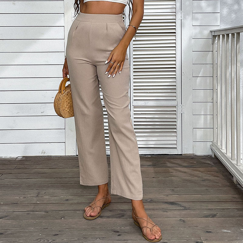 PEOPLETERRITORY New Popular trade popular new summer 2025 pants cotton and linen pants high waist solid color nine-point straight pants women