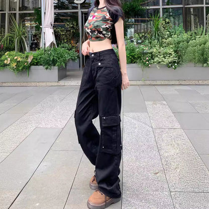 Territory outfit inspo Retro Black Workwear Jeans Women's Summer Straight Wide-Leg Trousers Niche Multi-Pocket Washed Mop Pants Fashion