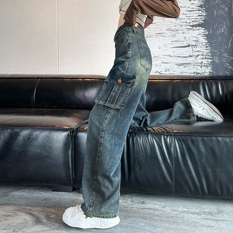 Territory 90s streetwear American Retro Workwear Jeans Women's Spring and Autumn Sweet Cool High Waist Flanging Drape Loose Straight Wide Leg Pants