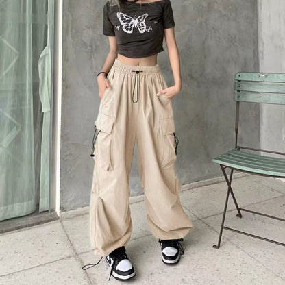 Territory 90s streetwear American Retro Workwear Casual Pants Women's Summer Versatile Straight Draping Ankle-Tied Trousers Loose Wide-Leg Pants Ins