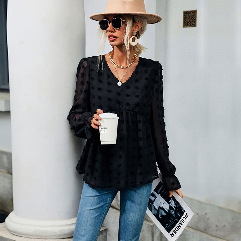 PEOPLETERRITORY popular Spring Cross-border Women's Clothing V-Neck Pullover Mesh Hairball Jacquard Top  New Long Sleeve Shirt