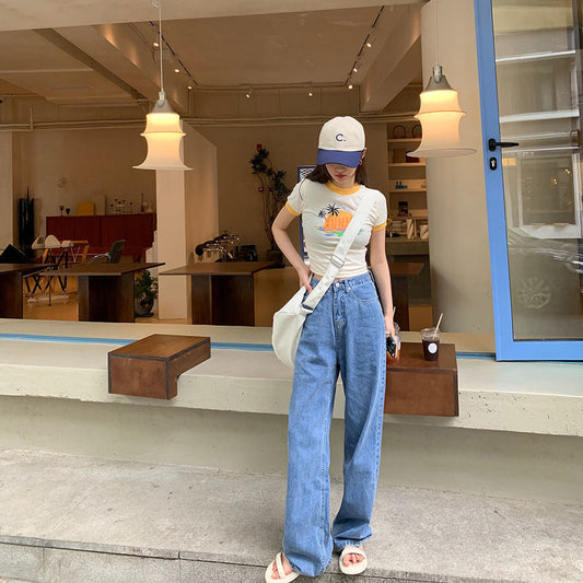 Territory 90s streetwear High Waist Straight Jeans Women's Summer Korean Style Ins Retro Versatile Casual Loose Wide Leg Mop Long Pants Fashion