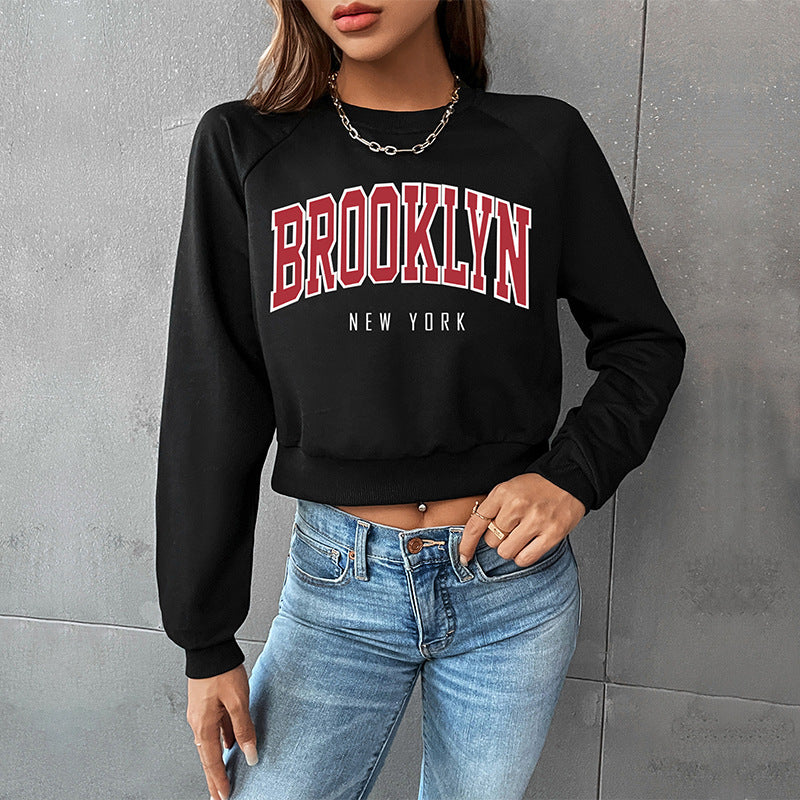 PEOPLETERRITORY popular new spring leisure sports college style top New Popular trade short navel crew neck letter sweater