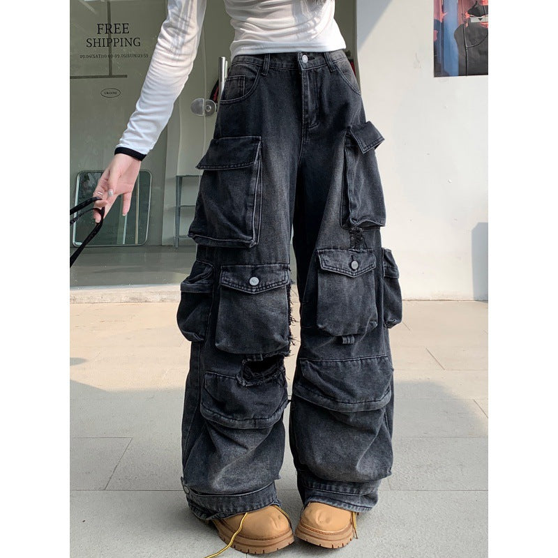 Territory non binary outfits American-Style Washed Worn Multi-Pocket Workwear Jeans Women's Street Straight Loose Wide-Leg Trousers