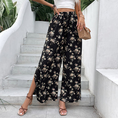 PEOPLETERRITORY Popular trade split-ended long pants popular summer new 2025 New women's pants horn-printed wide-leg pants