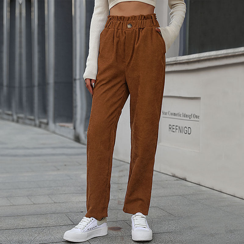 PEOPLETERRITORY New new autumn and winter 2025 2025 trade casual elastic nine-point pants  commuter corduroy straight pants women