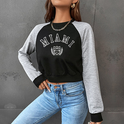 PEOPLETERRITORY popular new spring leisure sports college style 2025 color matching short navel round neck letter pullover sweater women