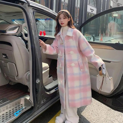 Territory comfy school outfits Korean Style College Style Coat Women's Autumn and Winter 2024 New Pink Horn Buckle Woolen Coat Temperament Chanel Style Coat