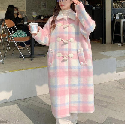 Territory comfy school outfits Korean Style College Style Coat Women's Autumn and Winter 2024 New Pink Horn Buckle Woolen Coat Temperament Chanel Style Coat