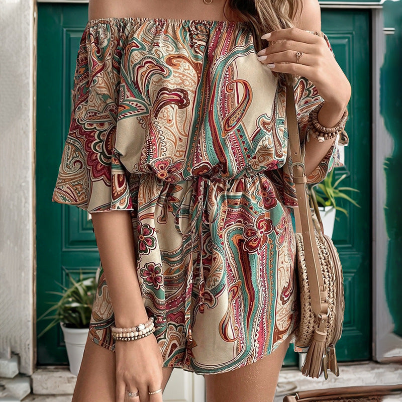 PEOPLETERRITORY  trade ethnic style printing jumpsuit summer new   one-word collar off-the-shoulder jumpsuit