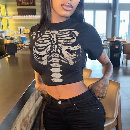 Territory 90s streetwear American Retro Dark Style round Neck Skeleton Printed Slim High Waist Navel Women's T-shirt