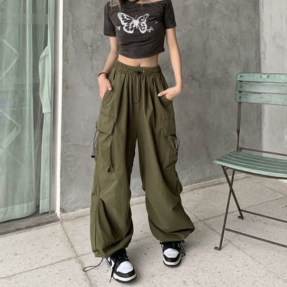 Territory 90s streetwear American Retro Workwear Casual Pants Women's Summer Versatile Straight Draping Ankle-Tied Trousers Loose Wide-Leg Pants Ins