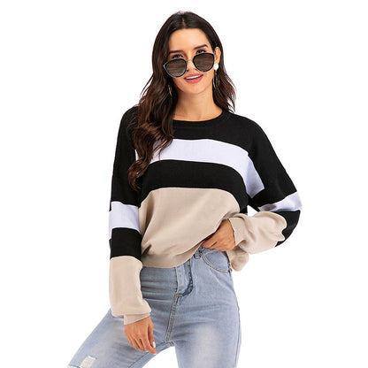 PEOPLETERRITORY popular Spring and Autumn New 2025 Crew Neck Knitted Striped Contrast Color Long Sleeve Bottom Sweater Women's Short Pullover