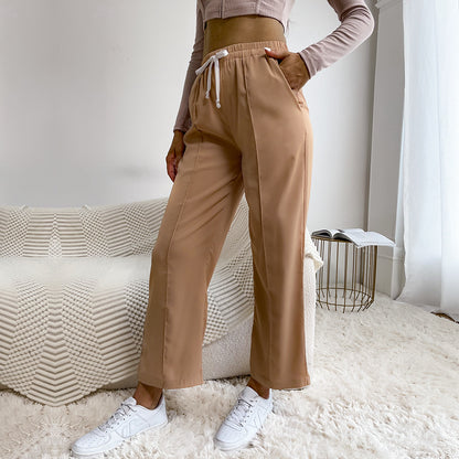 PEOPLETERRITORY New popular autumn new high-waisted nine-point pants casual pants women's solid color drawstring wide-leg pants straight-leg pants