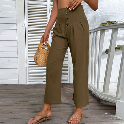 PEOPLETERRITORY New Cross-border New popular Summer 2025 Nine-point Pants High Waist Cotton and Linen Slim-fit Micro Flared Pants Women