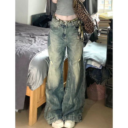 Territory 90s streetwear American Retro plus Size Washed Worn Jeans Women's Design Straight Slimming Wide Leg Draping Mop Pants