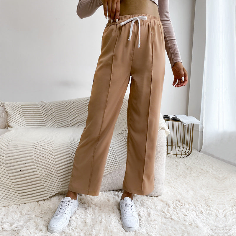 PEOPLETERRITORY New popular autumn new high-waisted nine-point pants casual pants women's solid color drawstring wide-leg pants straight-leg pants