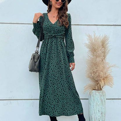 PEOPLETERRITORY New autumn 2025 medium and long skirts commuter V-neck kinked leopard print dress