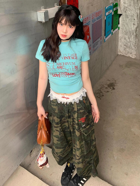 Territory 90s streetwear Plus Size Retro American Camouflage Workwear Jeans Women's Chubby Girl Casual Loose All-Match High Waist Cropped Wide-Leg Pants