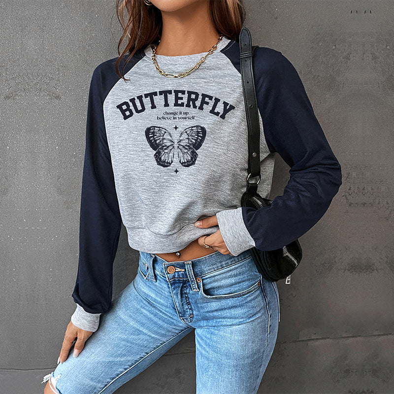 PEOPLETERRITORY New new spring and autumn college style shoulder sleeves BM 2025 2025 trade color matching short women's round neck pullover sweater