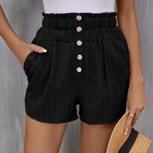 PEOPLETERRITORY 2025 women's clothing casual versatile pocket shorts high waist button shorts summer elastic waist short pants