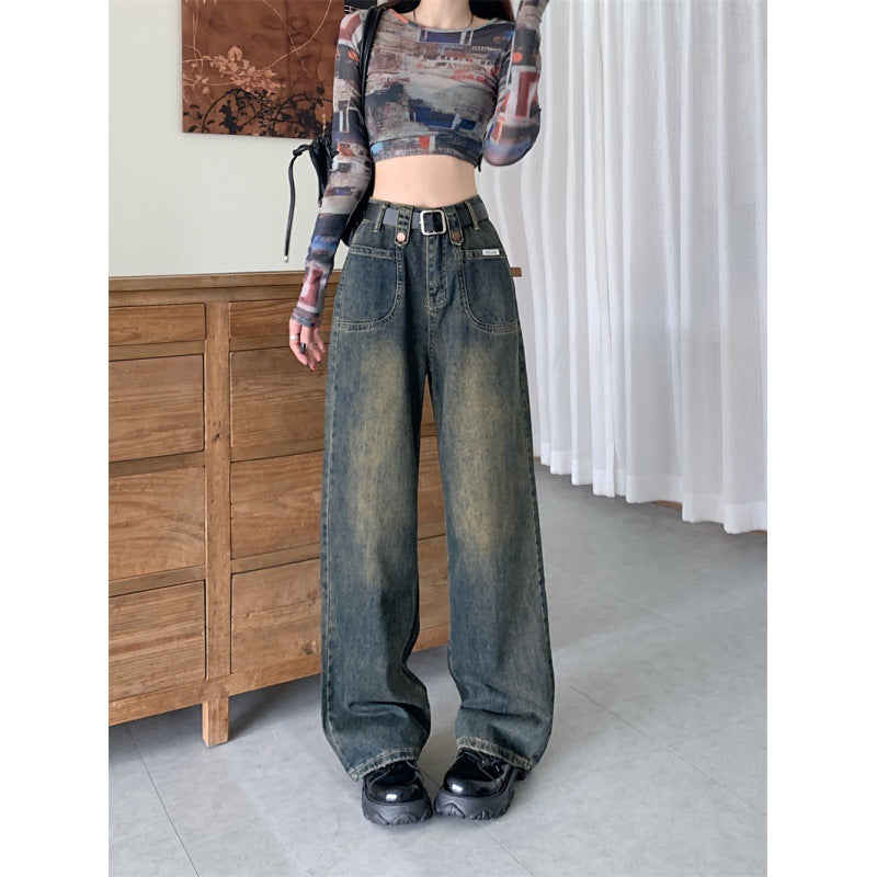 Territory frat boy outfits Autumn New plus Size High Waist Straight Slimming Versatile Draping Fashion Narrow Denim Wide Leg Pants