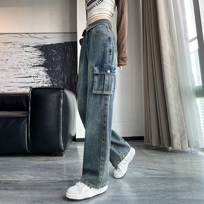 Territory 90s streetwear American Retro Workwear Jeans Women's Spring and Autumn Sweet Cool High Waist Flanging Drape Loose Straight Wide Leg Pants